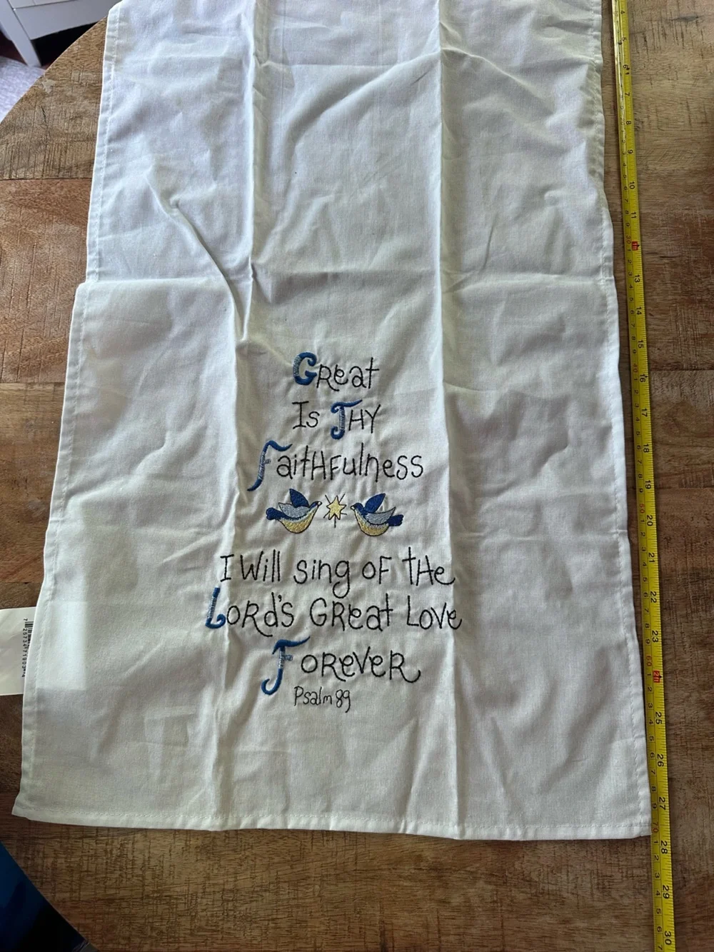 Psalm 89 Embroidered Faithfulness linen - White with Blue & Gold Accents